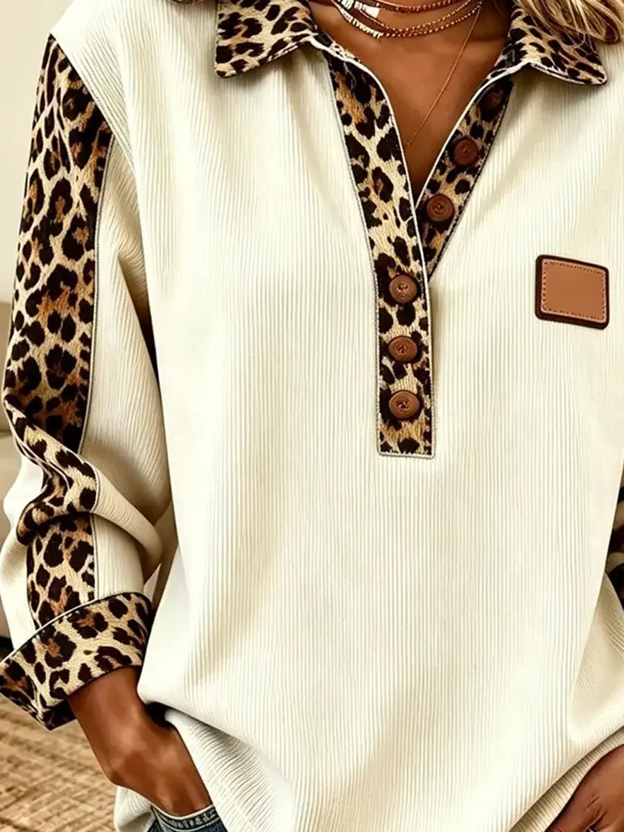 Retro Chic Leopard Pattern Art Long-Sleeve Casual Stylish Patchwork Shirt
