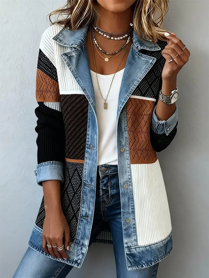 Retro Patchwork Pattern Art Print Casual Stylish Lapel Long-Sleeve Coat