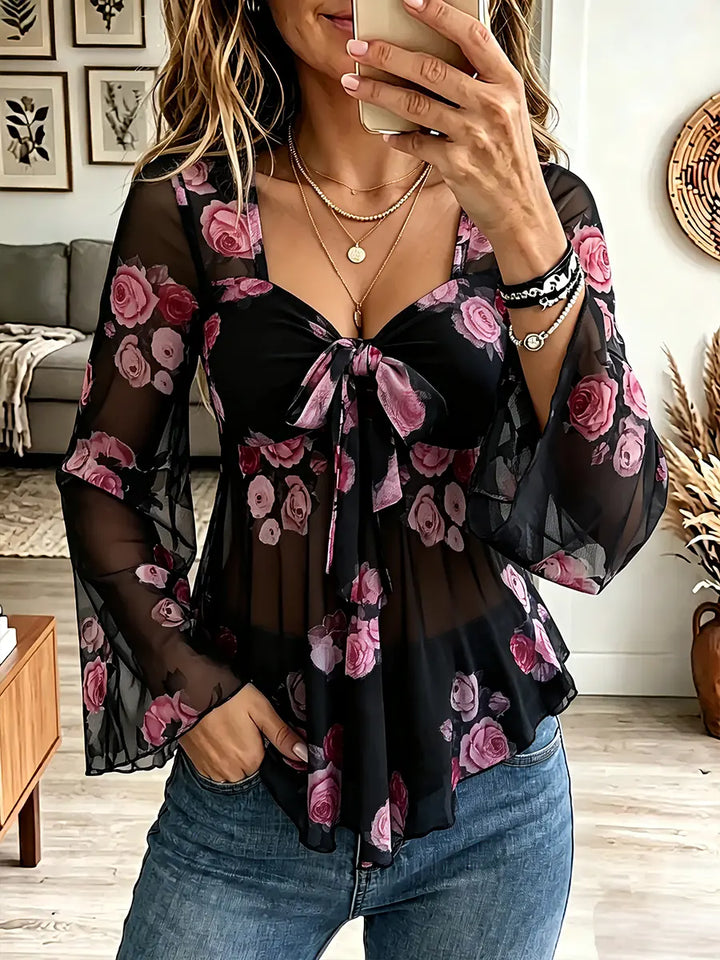 Vintage Elegant Floral Tie Square Neck Long-Sleeve Shirt