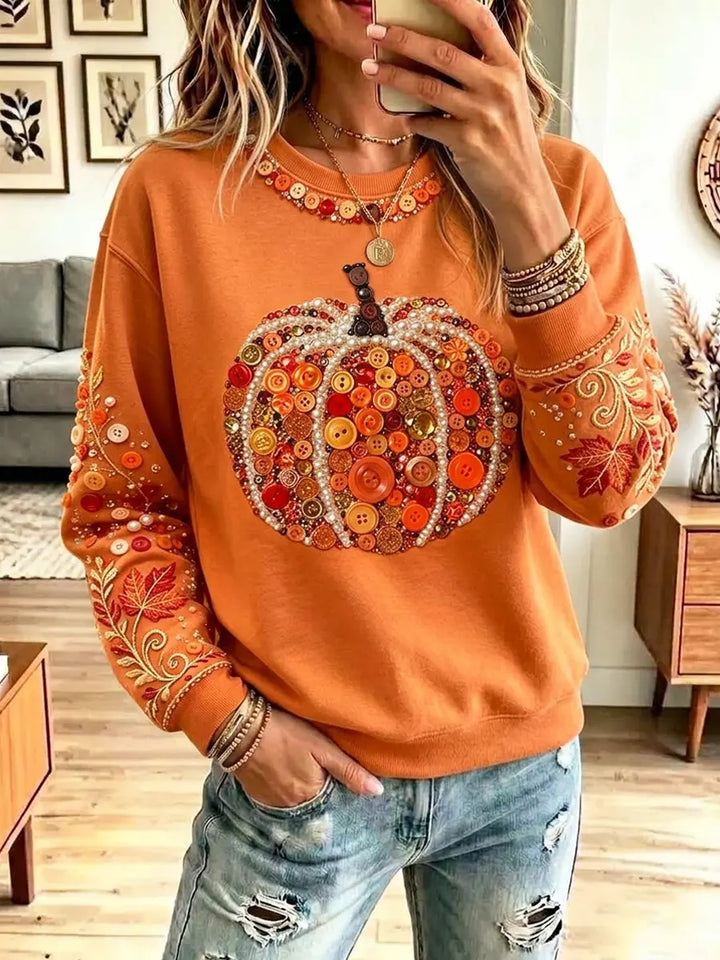 Vintage Pumpkin Autumn Pattern Art Casual Stylish Long-Sleeve Sweatshirt