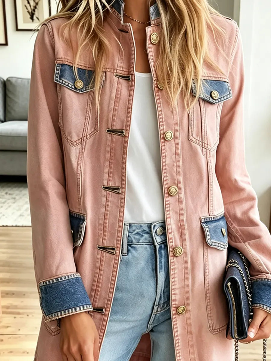 Retro Pink Button Pockets Art Casual Stylish Long-Sleeve Denim Coat