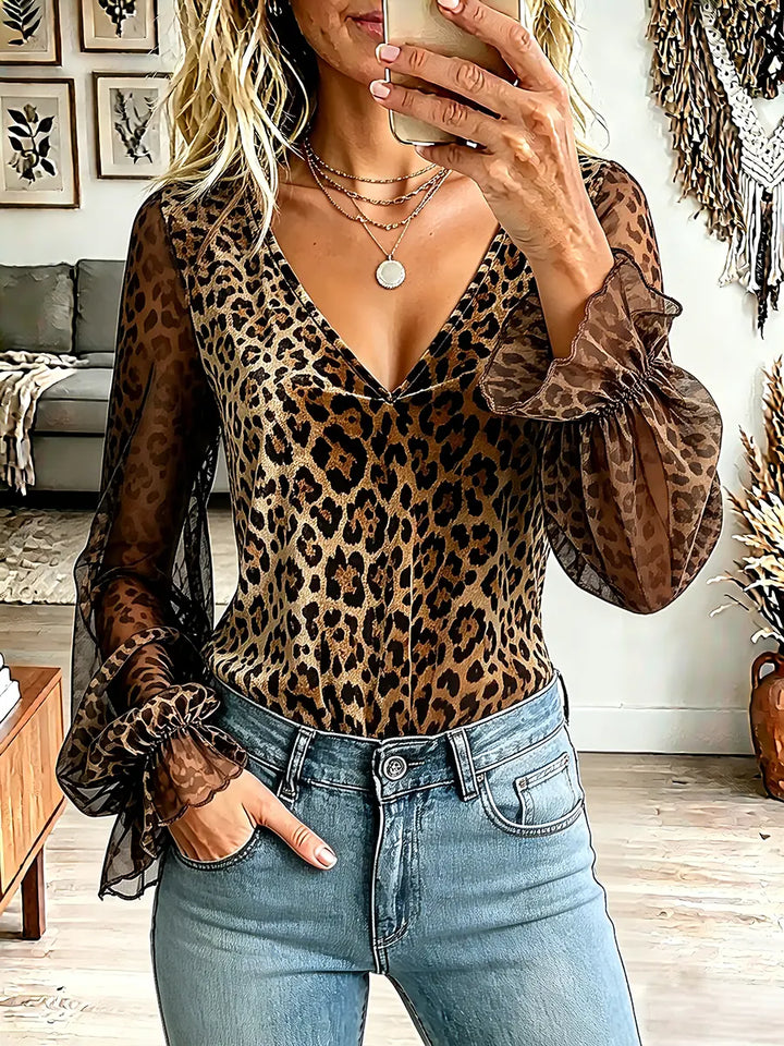 Vintage Elegant Sheer Chiffon Puff Sleeves Leopard Print Shirt