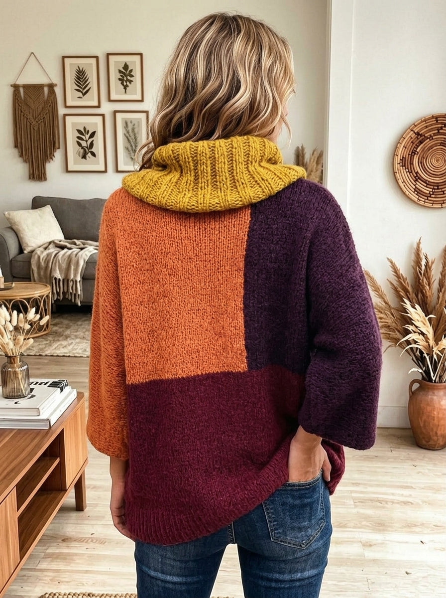 Women Color Block Cowl Neck Loose Knit Sweater 3/4 Flare Sleeve Pullover