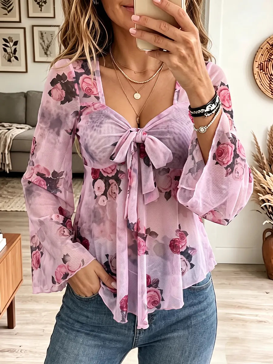 Vintage Elegant Floral Tie Square Neck Long-Sleeve Shirt