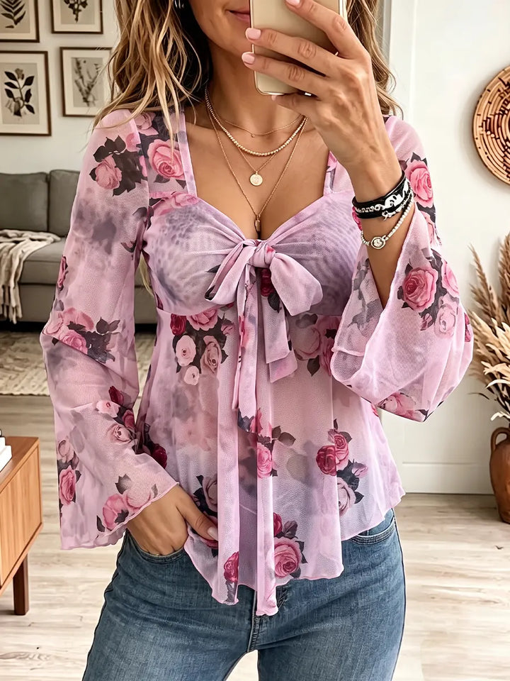 Vintage Elegant Floral Tie Square Neck Long-Sleeve Shirt